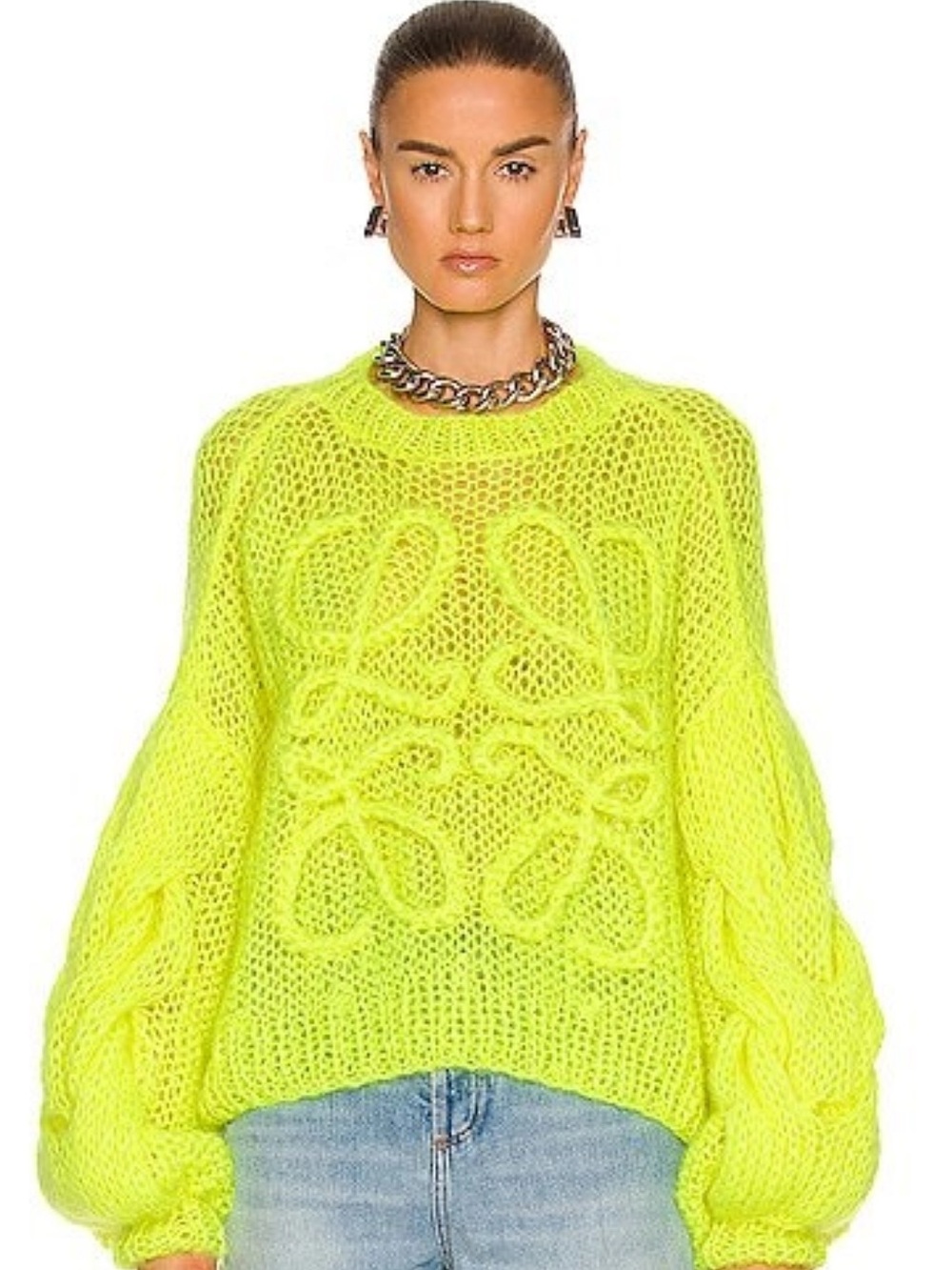 Loewe Neon Lime Open-Weave Cable Knit Sweater Mohair Neon Yellow